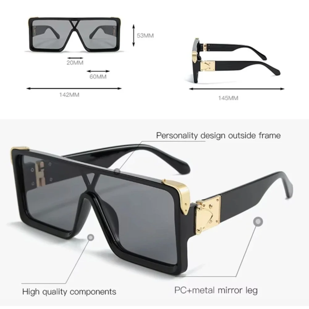 Mens Blue Oversized Square Shield Sunglasses Futuristic Flat‎ Top V-Bridge Shade